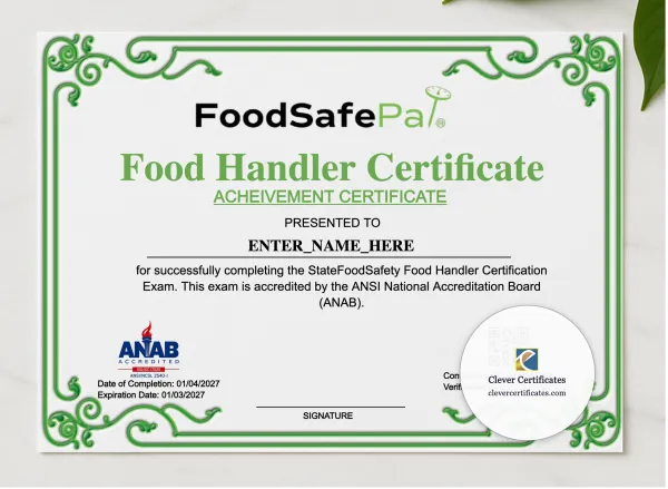 Food Handler Training Certificate Landscape presented in a sleek wooden frame, elegantly arranged on a stylish table.