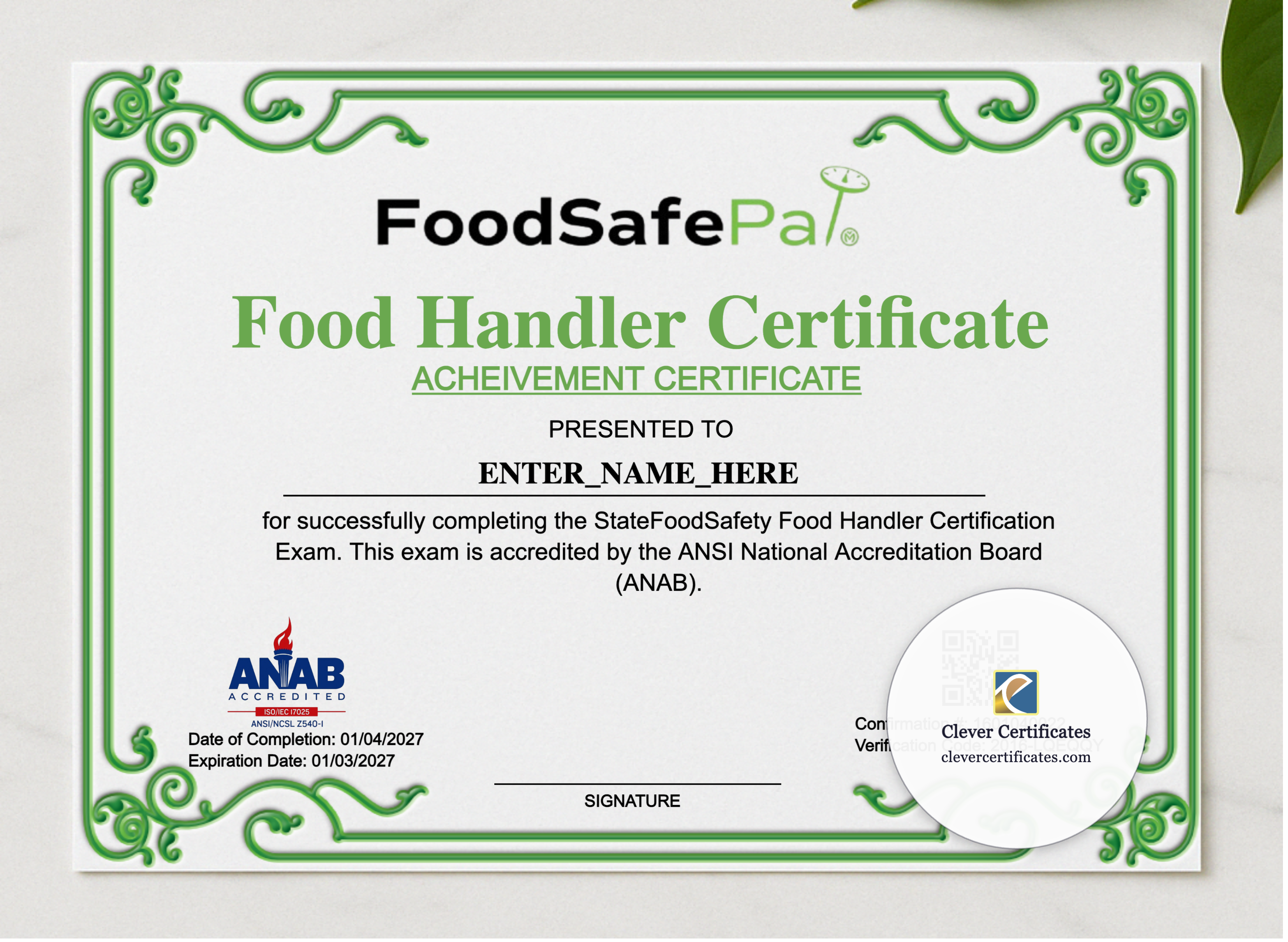 Food Handler Training Certificate Landscape presented in a sleek wooden frame, elegantly arranged on a stylish table.
