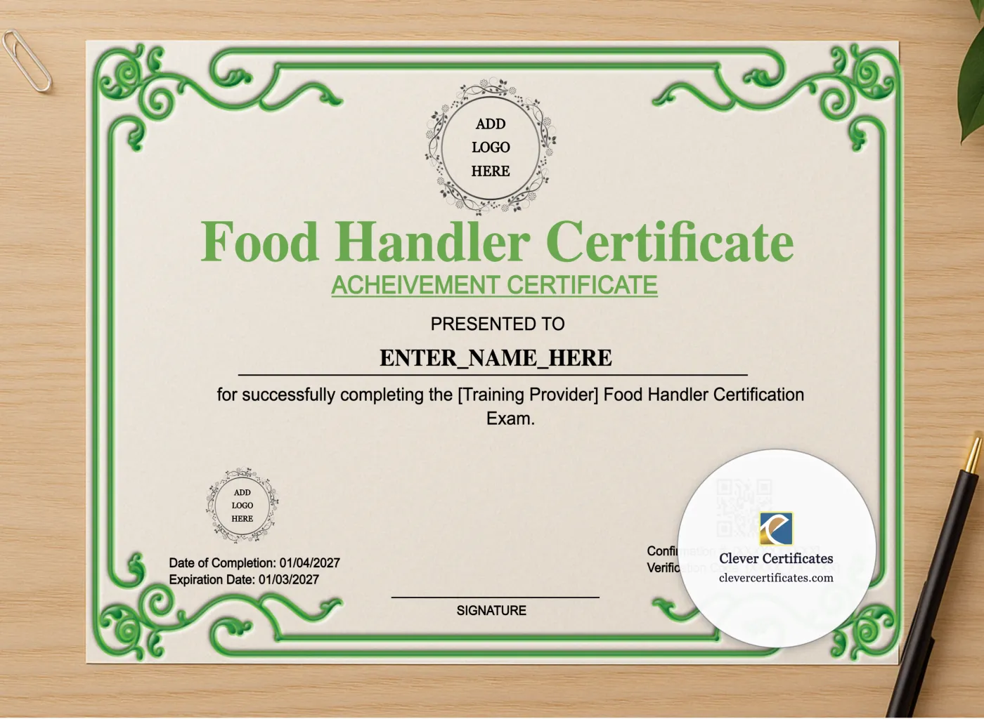 Professional preview of Food Handler Training Certificate Landscape certificate on high-quality stationery paper, ideal for showcasing the final look.