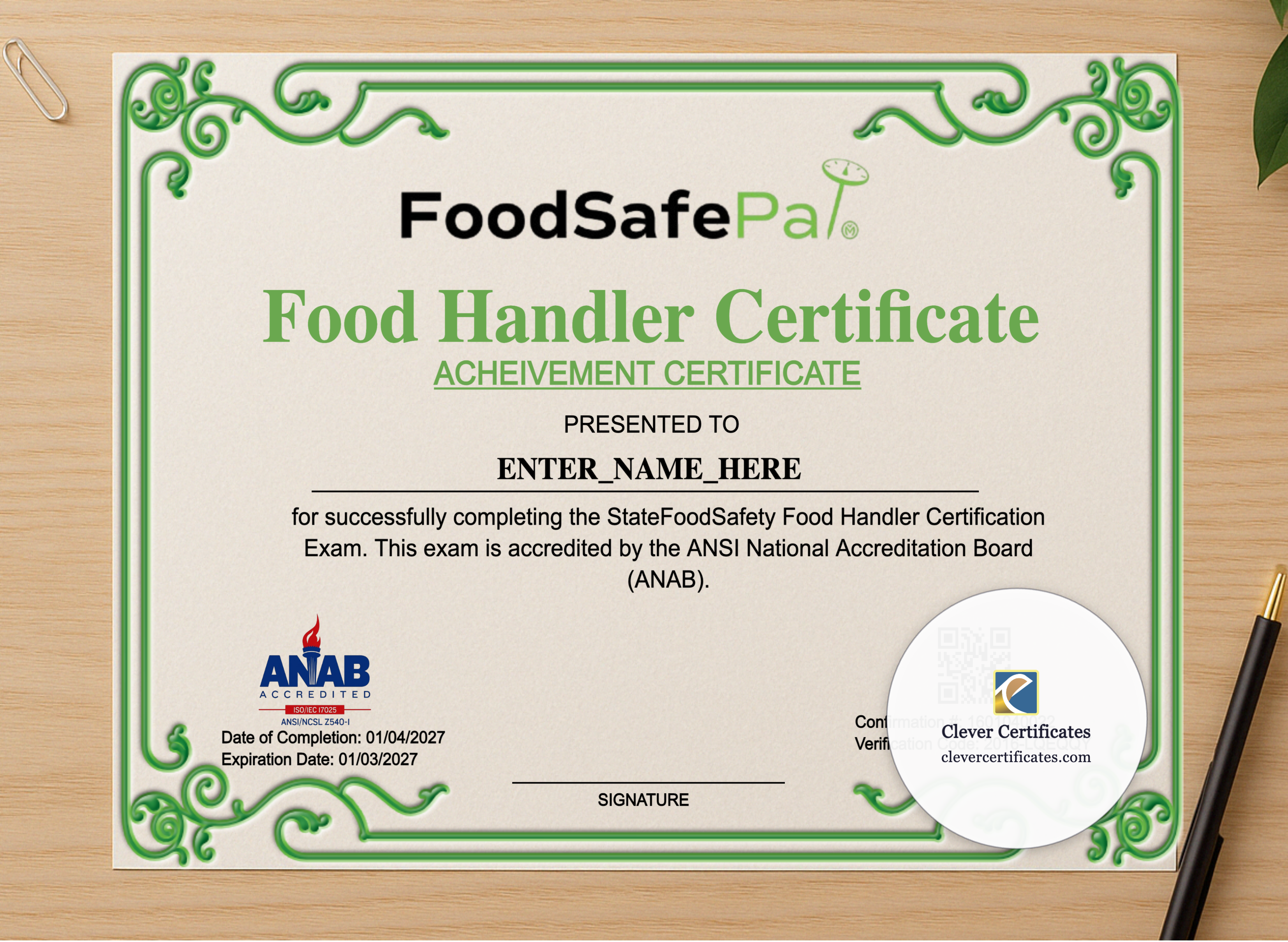 Professional preview of Food Handler Training Certificate Landscape certificate on high-quality stationery paper, ideal for showcasing the final look.