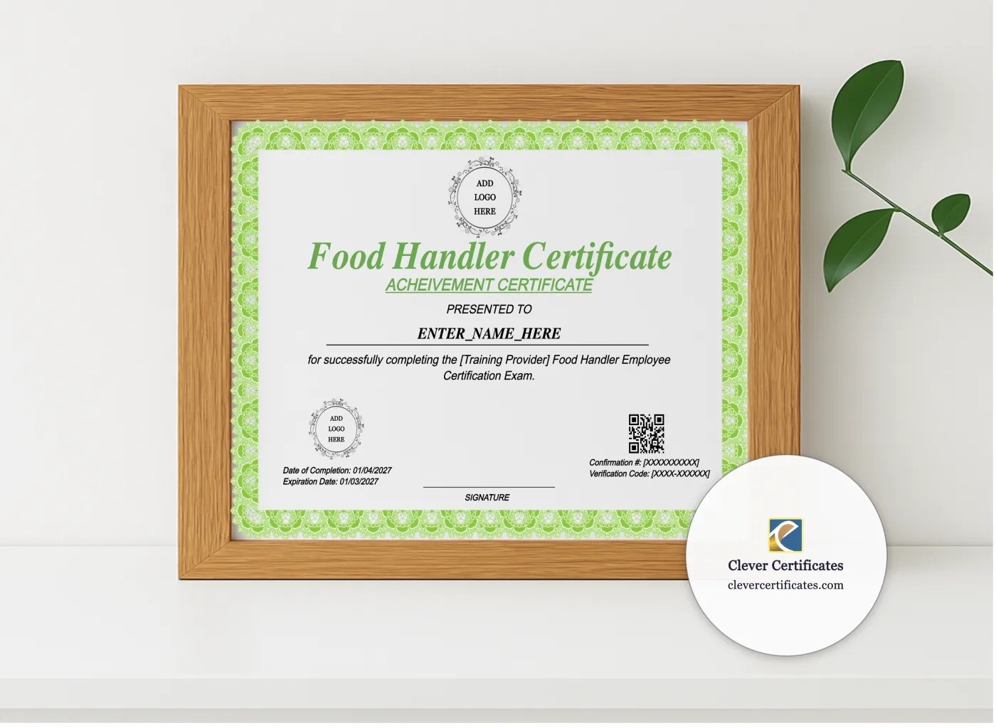 Realistic mockup featuring Food Handler Employee Certificate Landscape displayed within a modern frame, set against a minimalistic background.