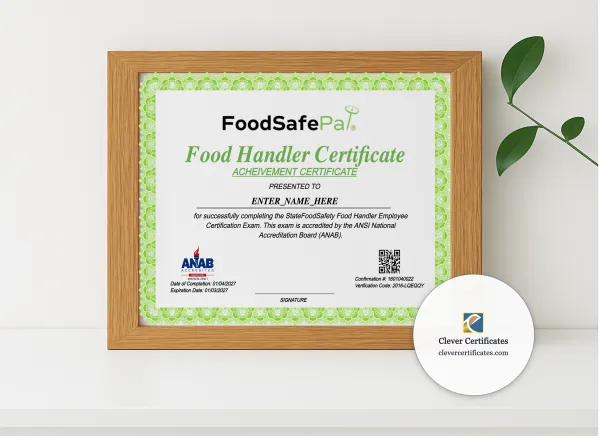 Realistic mockup featuring Food Handler Employee Certificate Landscape displayed within a modern frame, set against a minimalistic background.