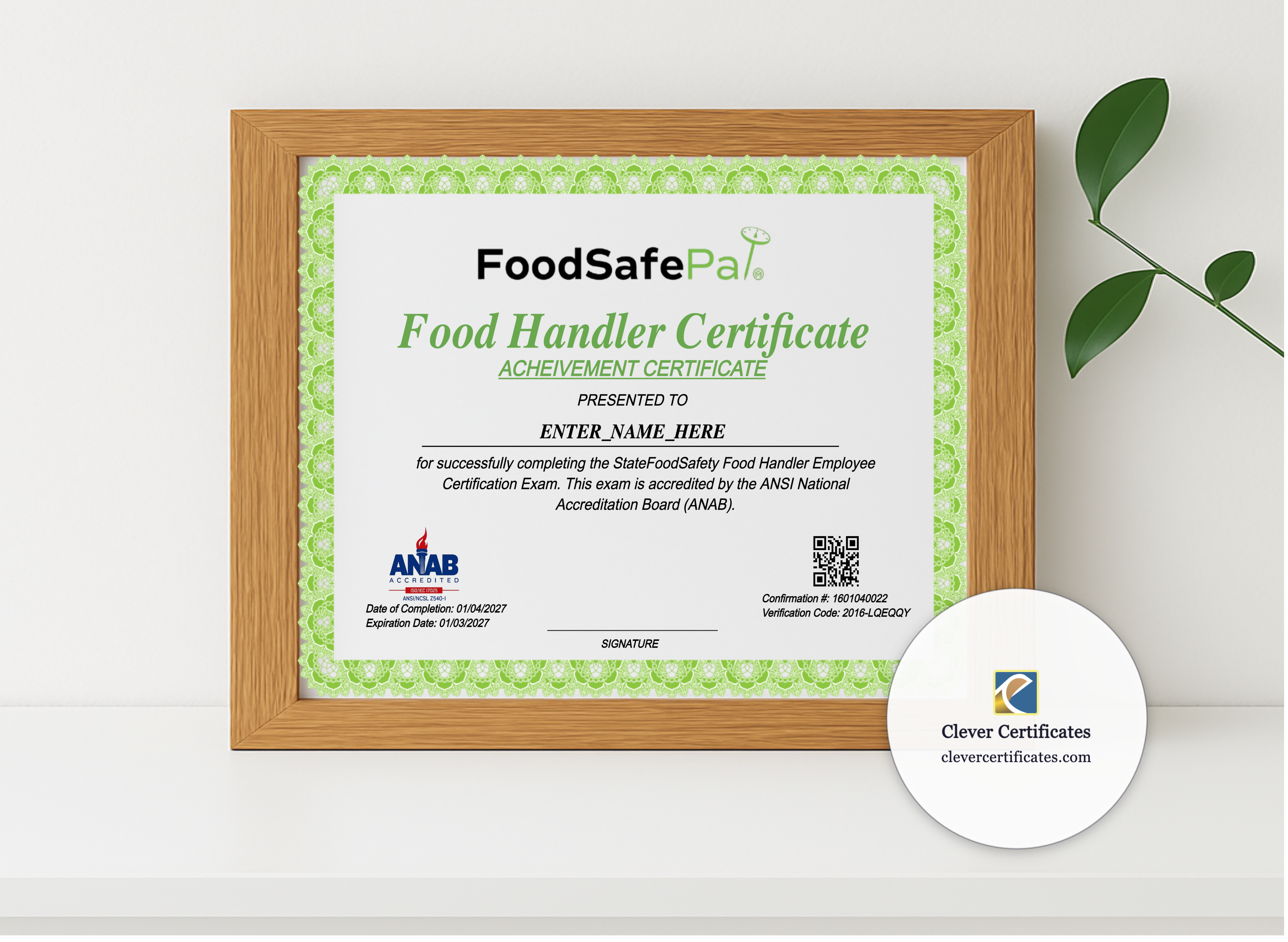 Realistic mockup featuring Food Handler Employee Certificate Landscape displayed within a modern frame, set against a minimalistic background.