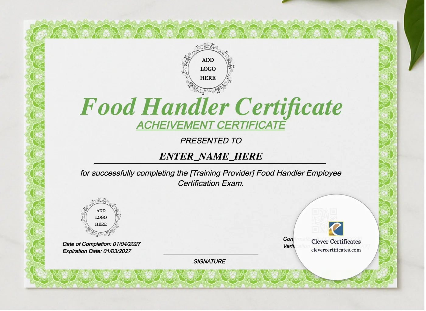 Food Handler Employee Certificate Landscape presented in a sleek wooden frame, elegantly arranged on a stylish table.