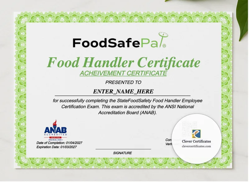 Food Handler Employee Certificate Landscape presented in a sleek wooden frame, elegantly arranged on a stylish table.