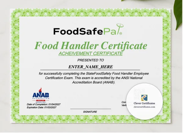 Food Handler Employee Certificate Landscape presented in a sleek wooden frame, elegantly arranged on a stylish table.