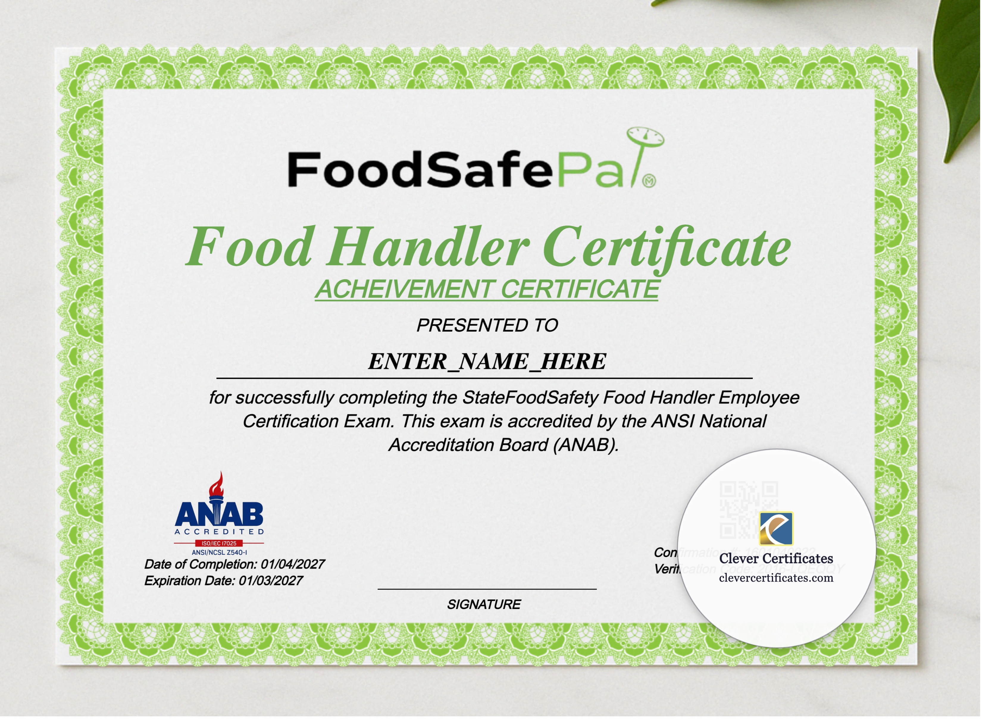 Food Handler Employee Certificate Landscape presented in a sleek wooden frame, elegantly arranged on a stylish table.