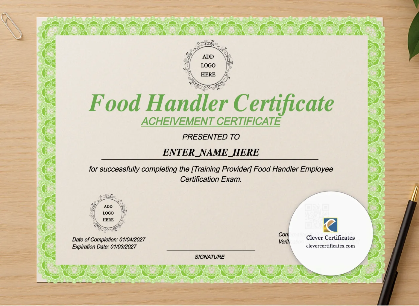 Professional preview of Food Handler Employee Certificate Landscape certificate on high-quality stationery paper, ideal for showcasing the final look.