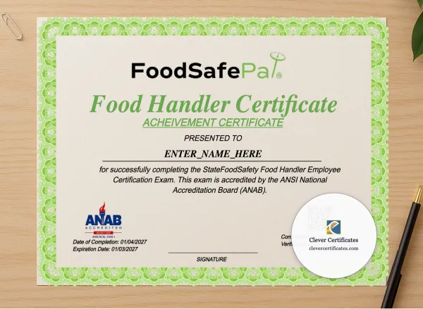 Professional preview of Food Handler Employee Certificate Landscape certificate on high-quality stationery paper, ideal for showcasing the final look.
