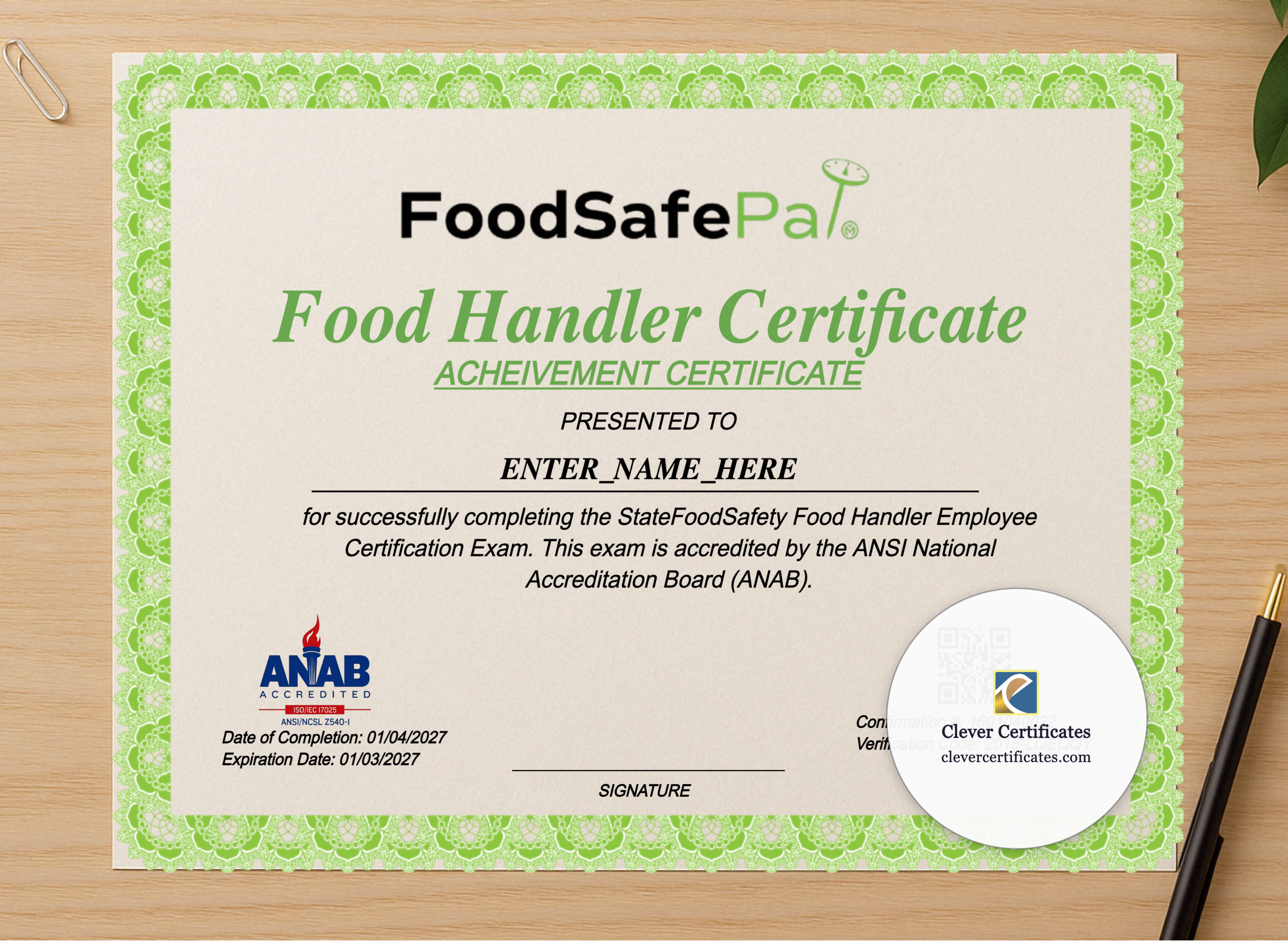Professional preview of Food Handler Employee Certificate Landscape certificate on high-quality stationery paper, ideal for showcasing the final look.