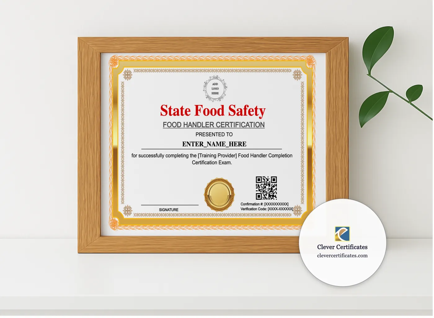 Realistic mockup featuring Food Handler Completion Certificate Landscape displayed within a modern frame, set against a minimalistic background.