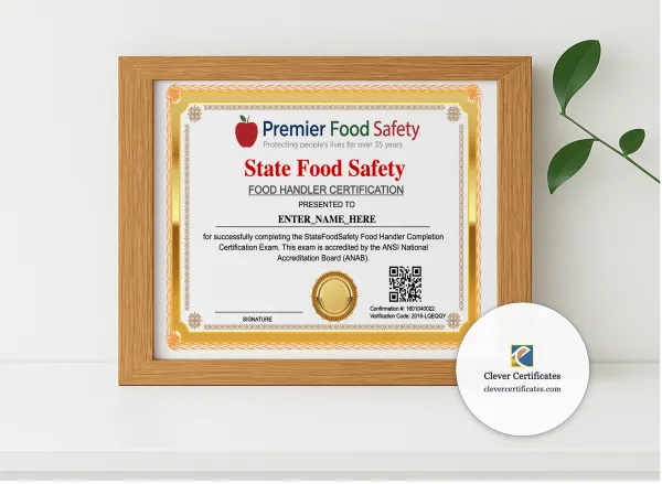 Realistic mockup featuring Food Handler Completion Certificate Landscape displayed within a modern frame, set against a minimalistic background.