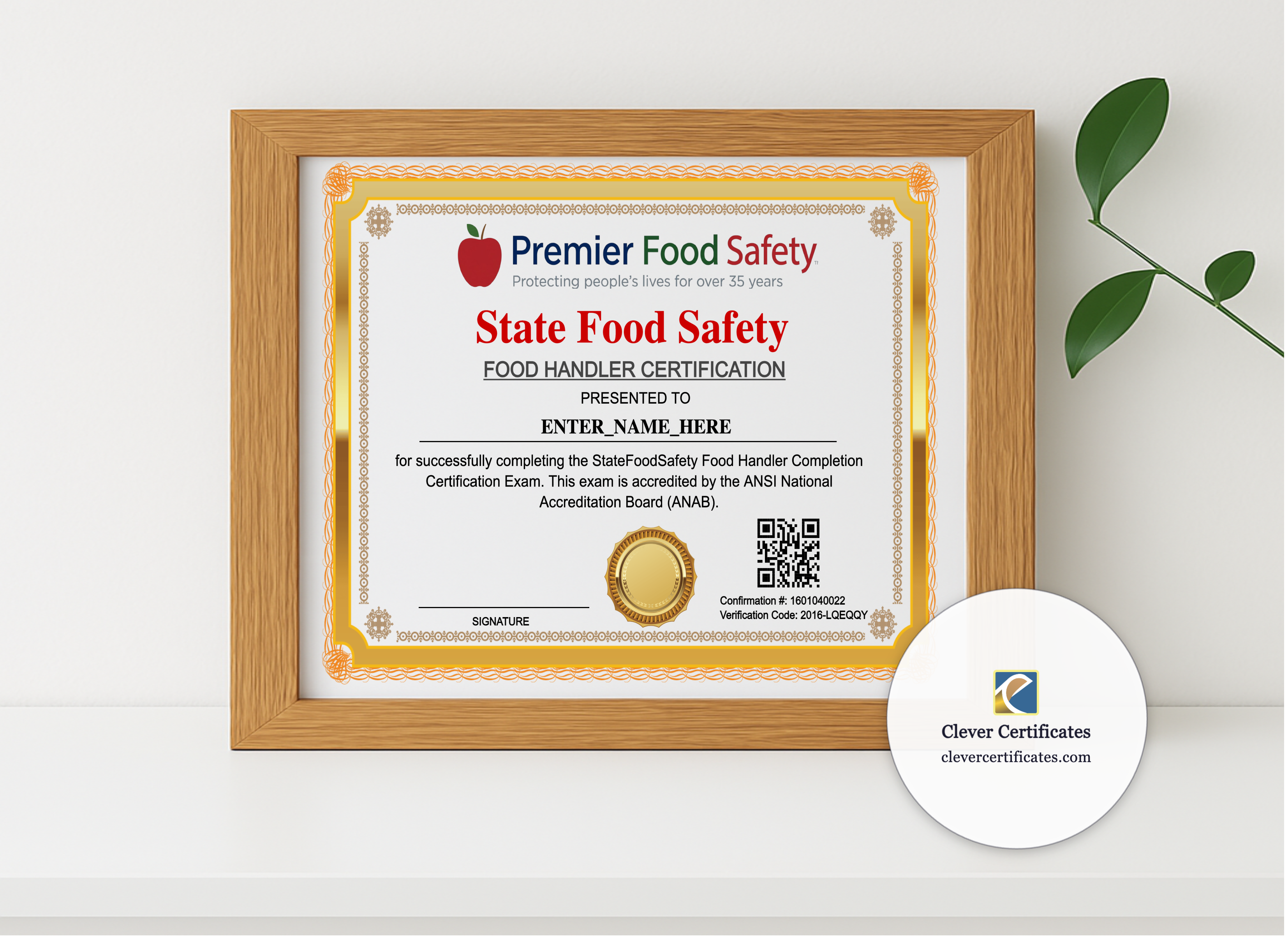 Realistic mockup featuring Food Handler Completion Certificate Landscape displayed within a modern frame, set against a minimalistic background.