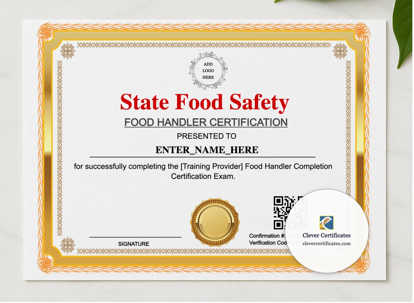Food Handler Completion Certificate Landscape presented in a sleek wooden frame, elegantly arranged on a stylish table.
