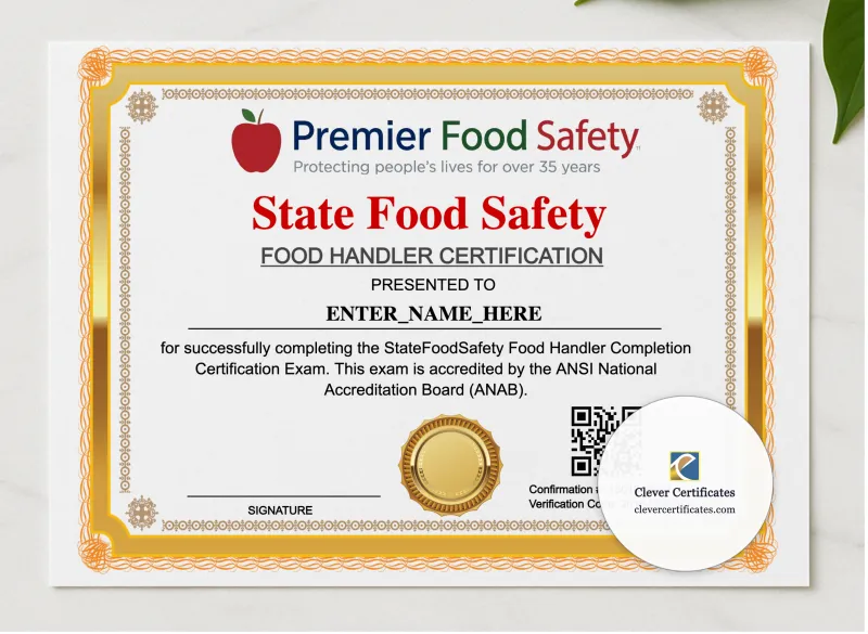 Food Handler Completion Certificate Landscape presented in a sleek wooden frame, elegantly arranged on a stylish table.