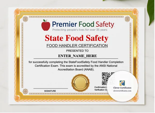Food Handler Completion Certificate Landscape presented in a sleek wooden frame, elegantly arranged on a stylish table.