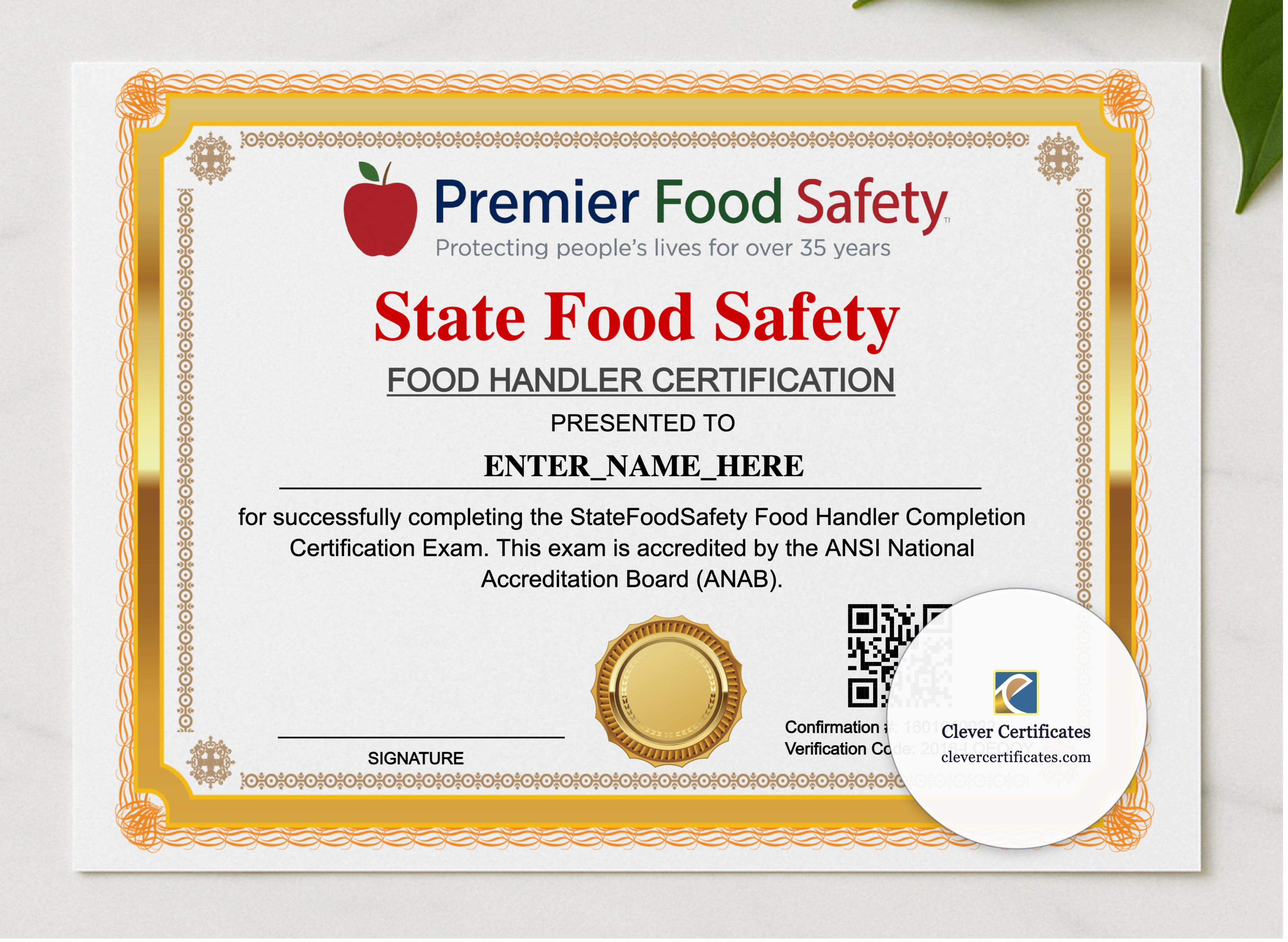 Food Handler Completion Certificate Landscape presented in a sleek wooden frame, elegantly arranged on a stylish table.
