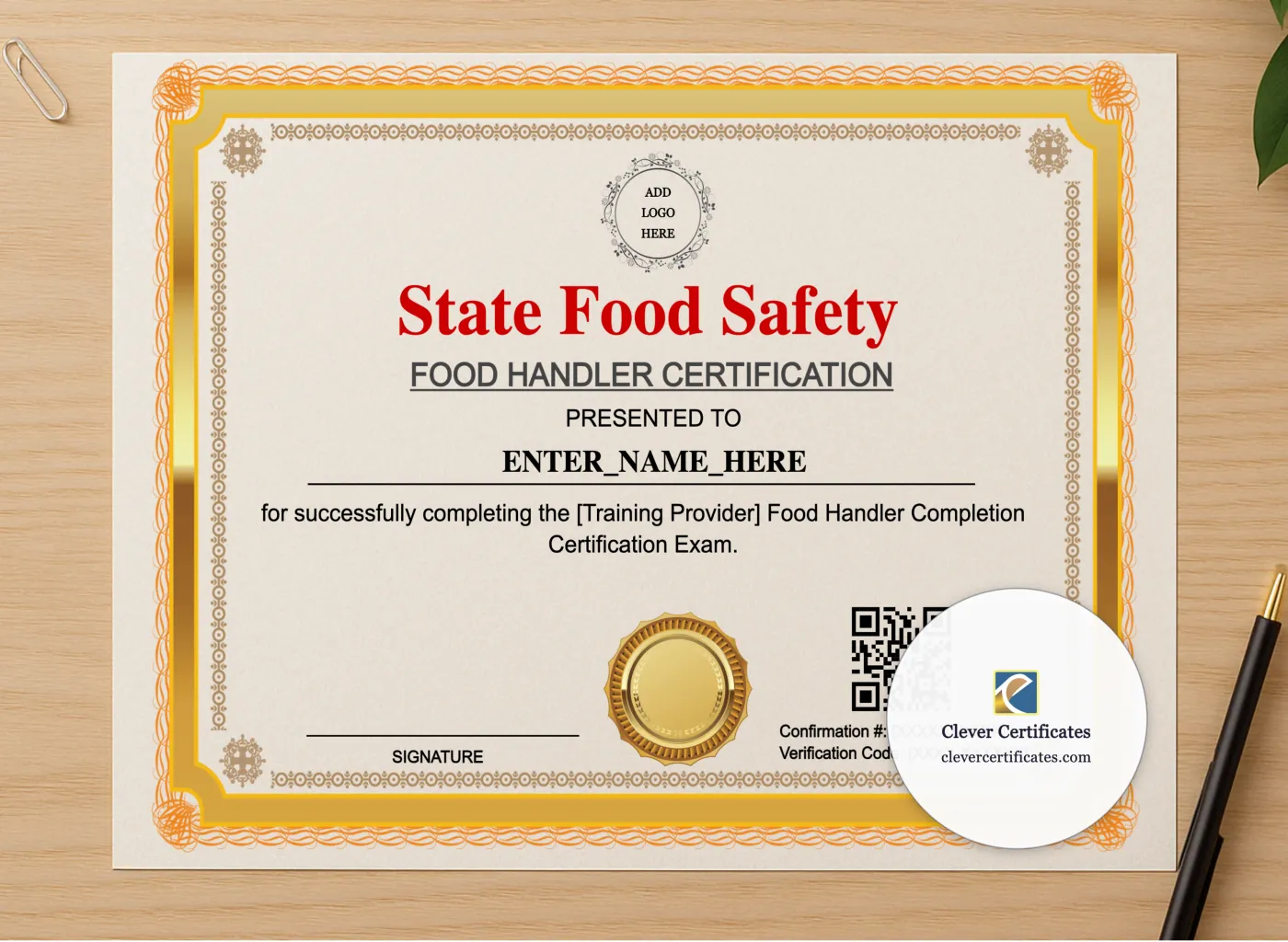 Professional preview of Food Handler Completion Certificate Landscape certificate on high-quality stationery paper, ideal for showcasing the final look.