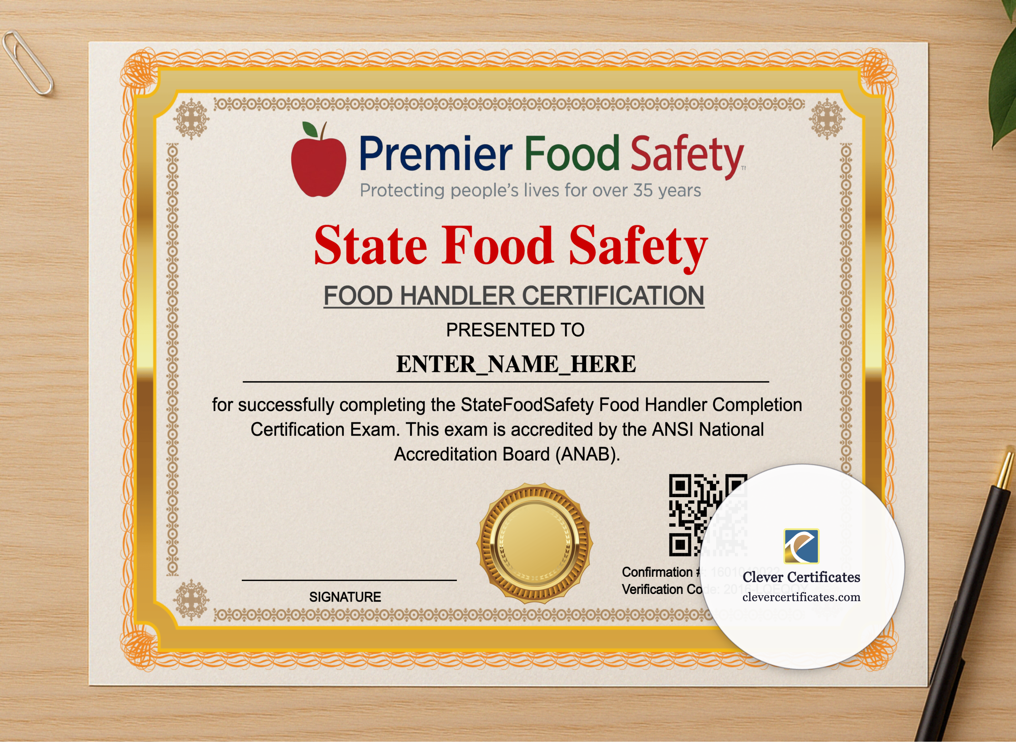 Professional preview of Food Handler Completion Certificate Landscape certificate on high-quality stationery paper, ideal for showcasing the final look.