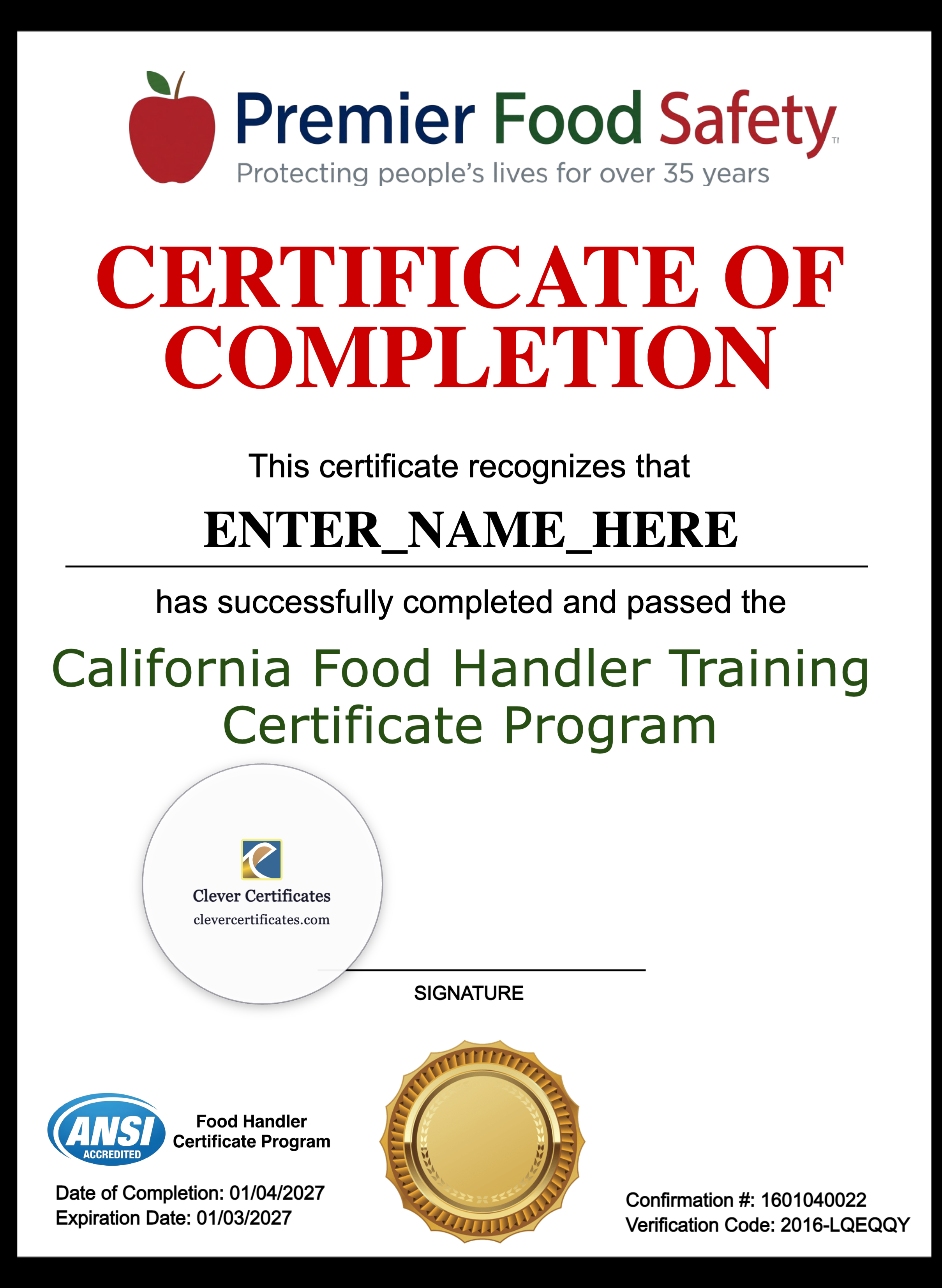Food Handler Certificate Portrait — Certificate Template Preview