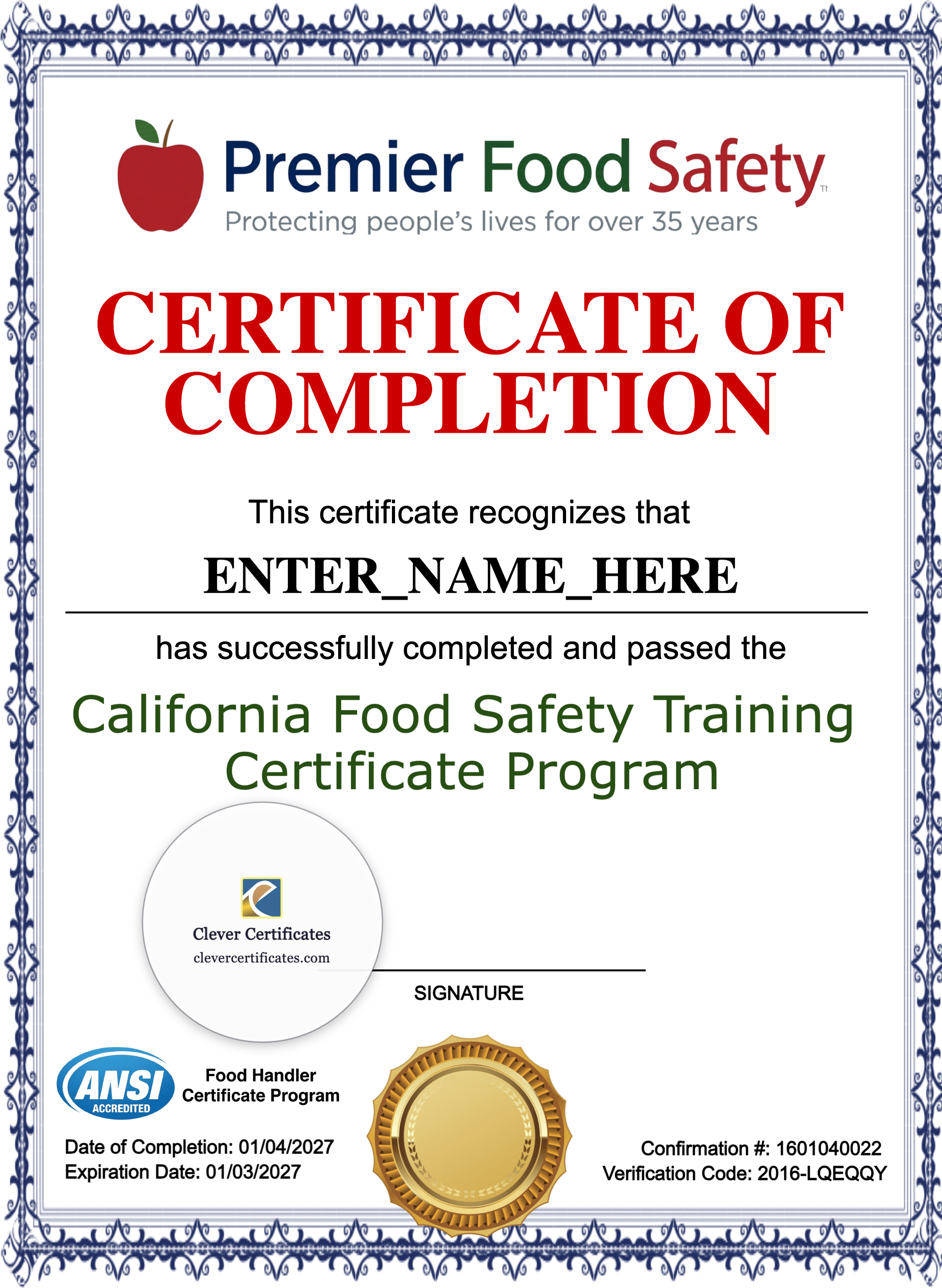Food Safety Certificate Portrait — Certificate Template Preview