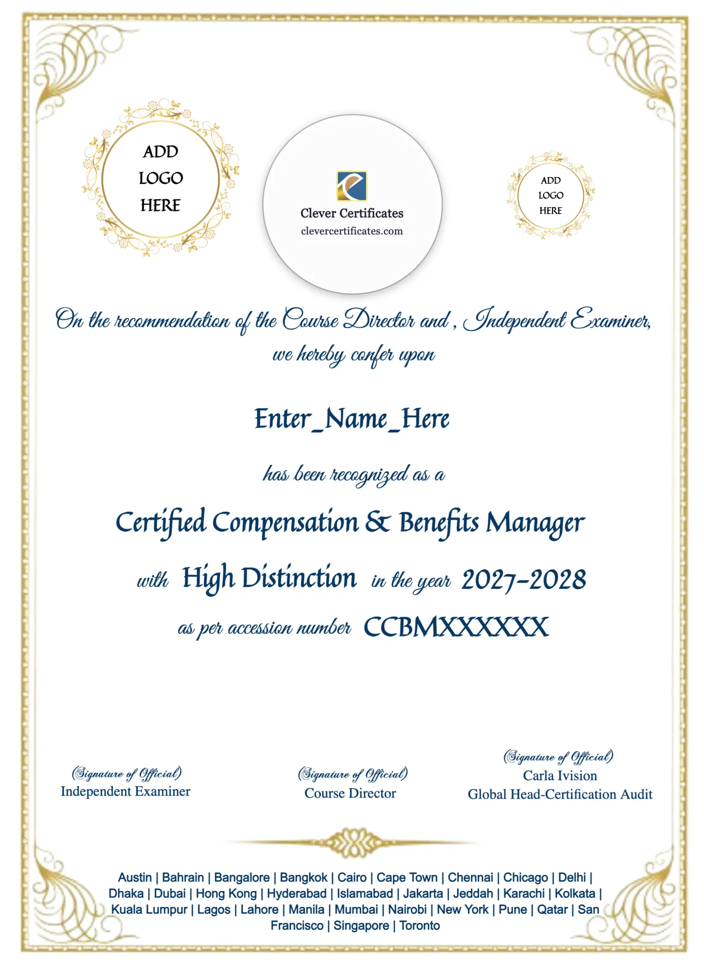 Certified Compensation Benefits Manager — Certificate Template Preview