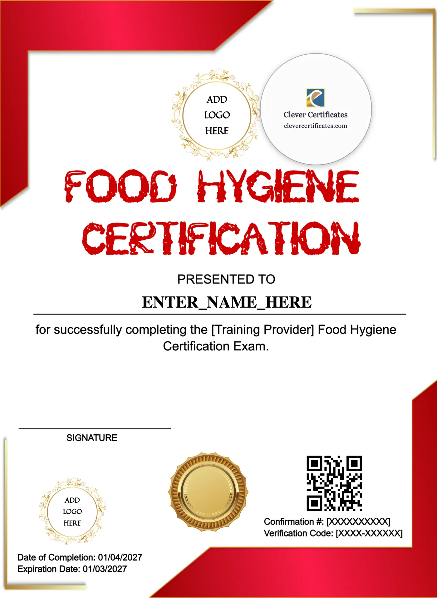 Food Hygiene Certificate Portrait — Certificate Template Preview
