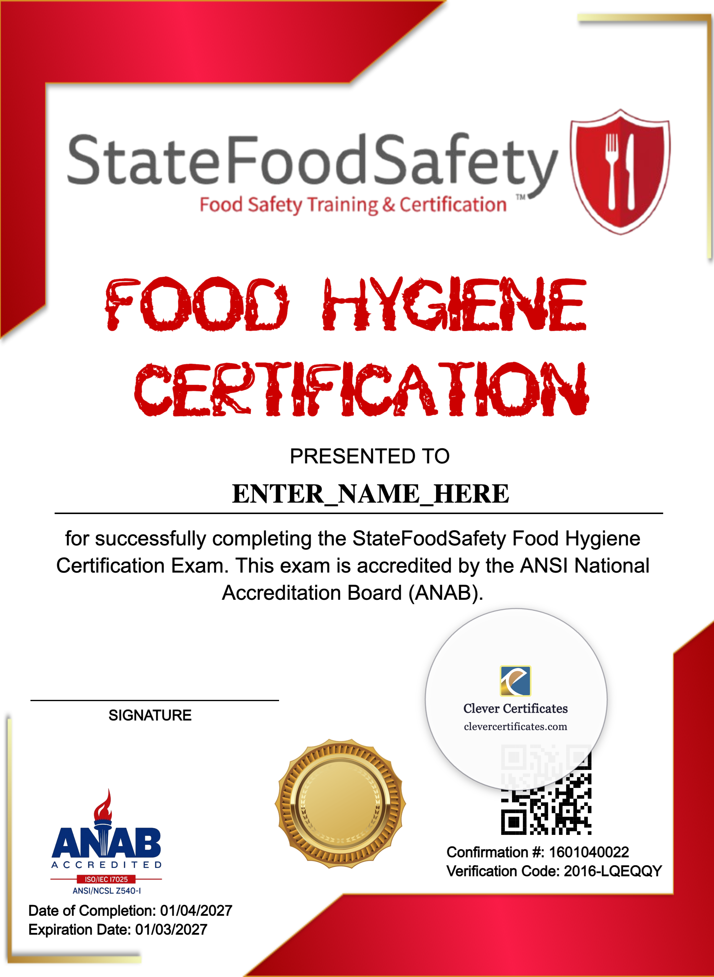 Food Hygiene Certificate Portrait — Certificate Template Preview