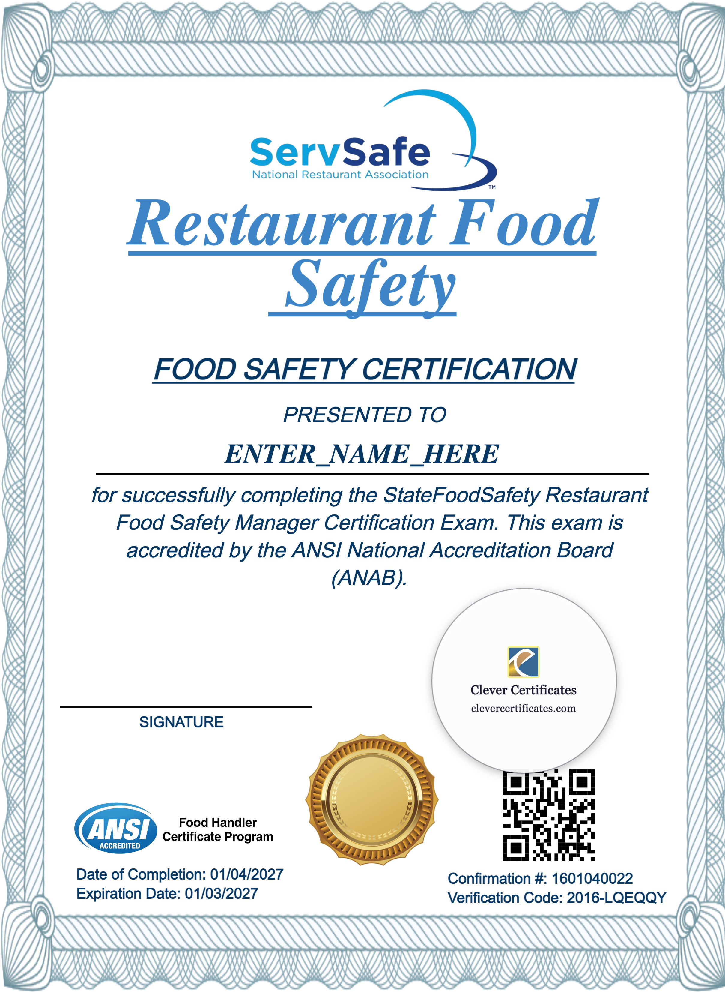 Restaurant Food Safety Certificate Portrait — Certificate Template Preview