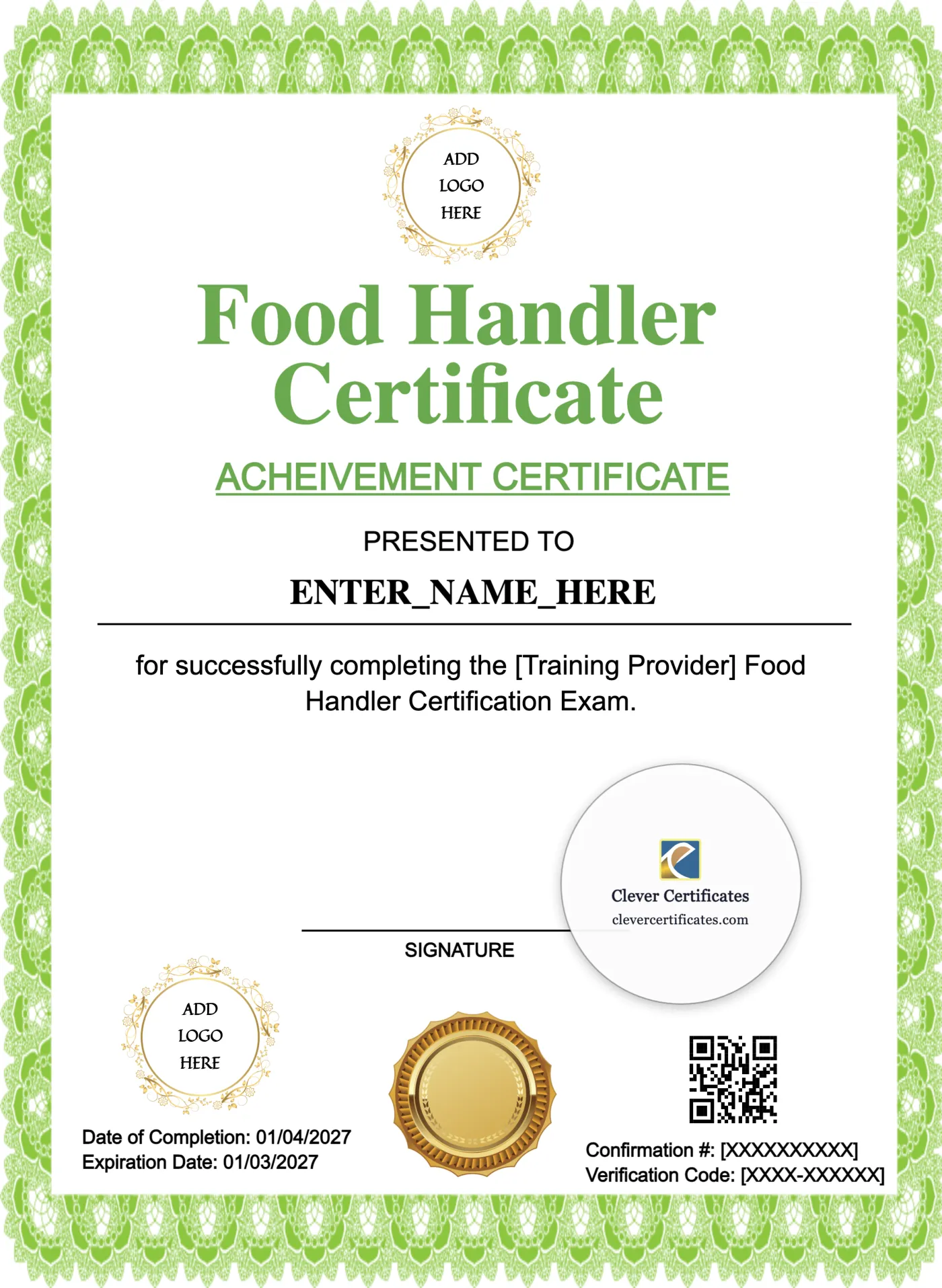 Food Handler Training Certificate Portrait — Certificate Template Preview