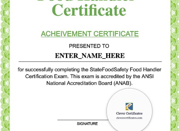 Food Handler Training Certificate Portrait — Certificate Template Preview