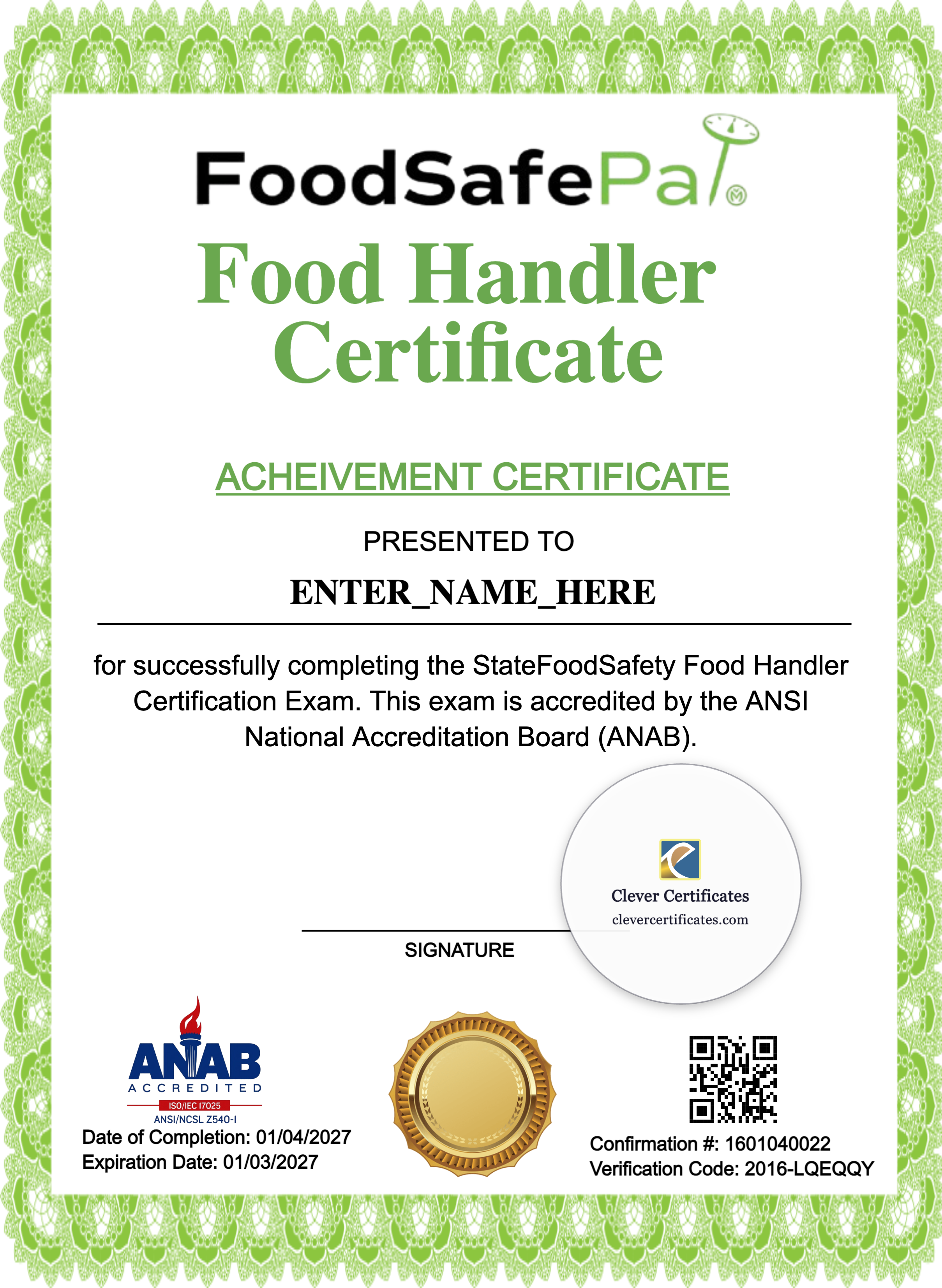 Food Handler Training Certificate Portrait — Certificate Template Preview