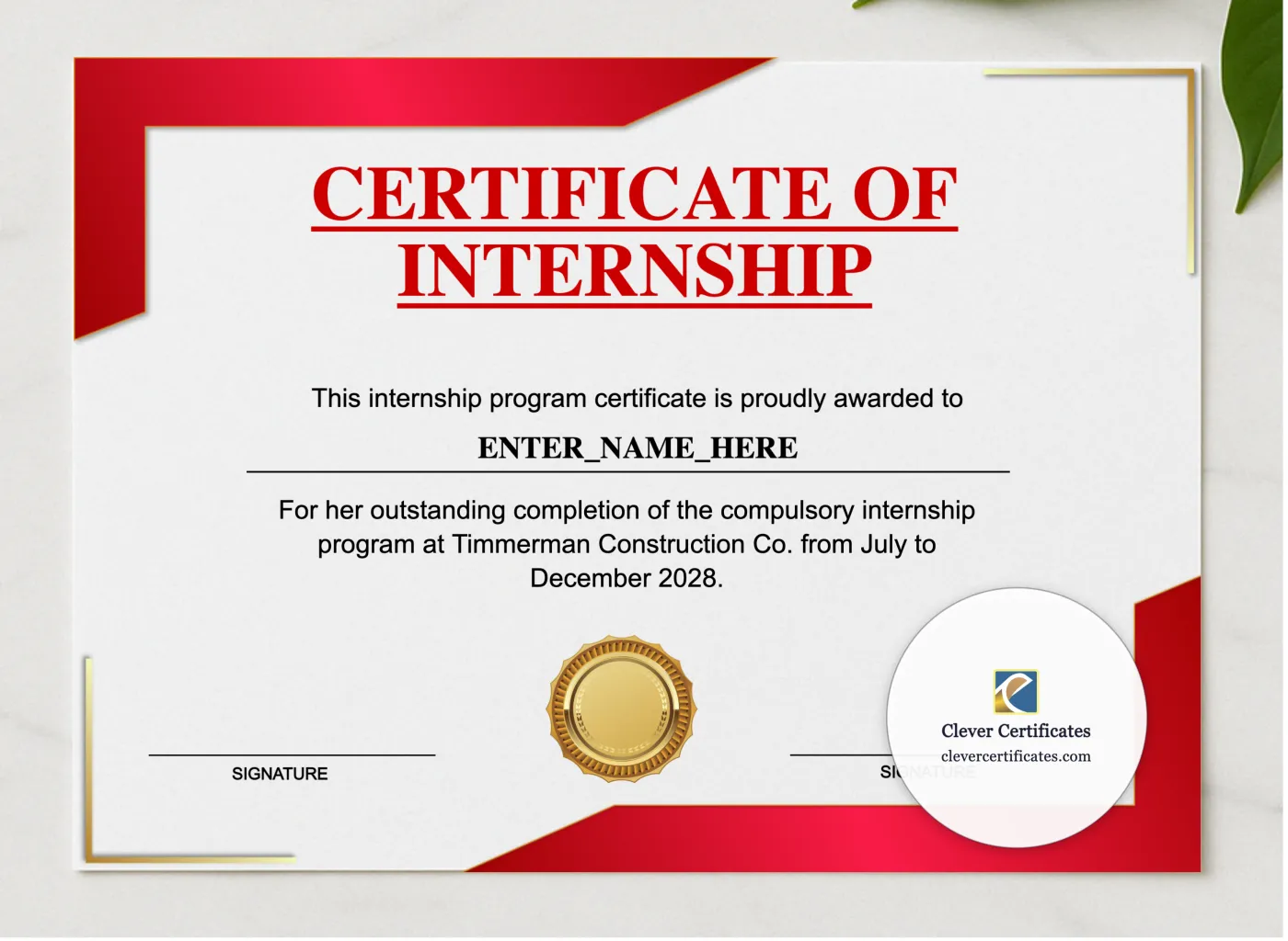 Internship Completion Certificate presented in a sleek wooden frame, elegantly arranged on a stylish table.