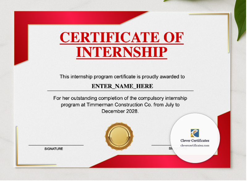 Internship Completion Certificate presented in a sleek wooden frame, elegantly arranged on a stylish table.