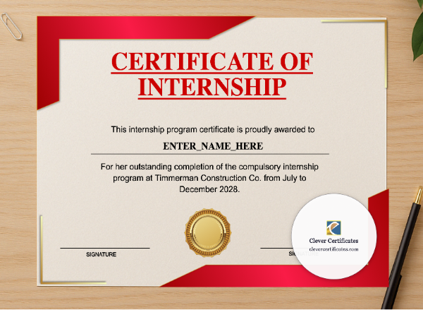 Professional preview of Internship Completion Certificate certificate on high-quality stationery paper, ideal for showcasing the final look.
