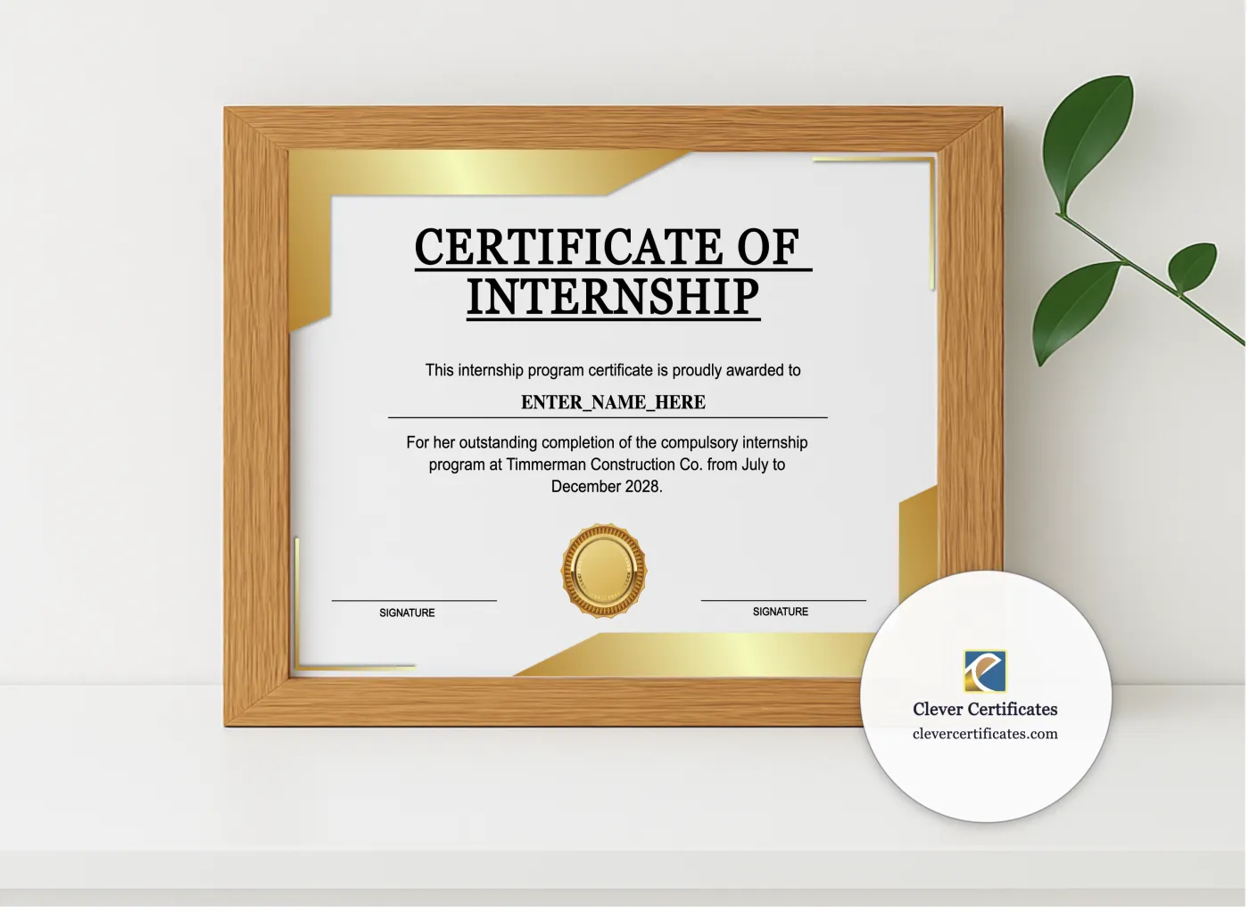Realistic mockup featuring Internship Certificate Of Completion displayed within a modern frame, set against a minimalistic background.