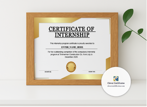 Realistic mockup featuring Internship Certificate Of Completion displayed within a modern frame, set against a minimalistic background.