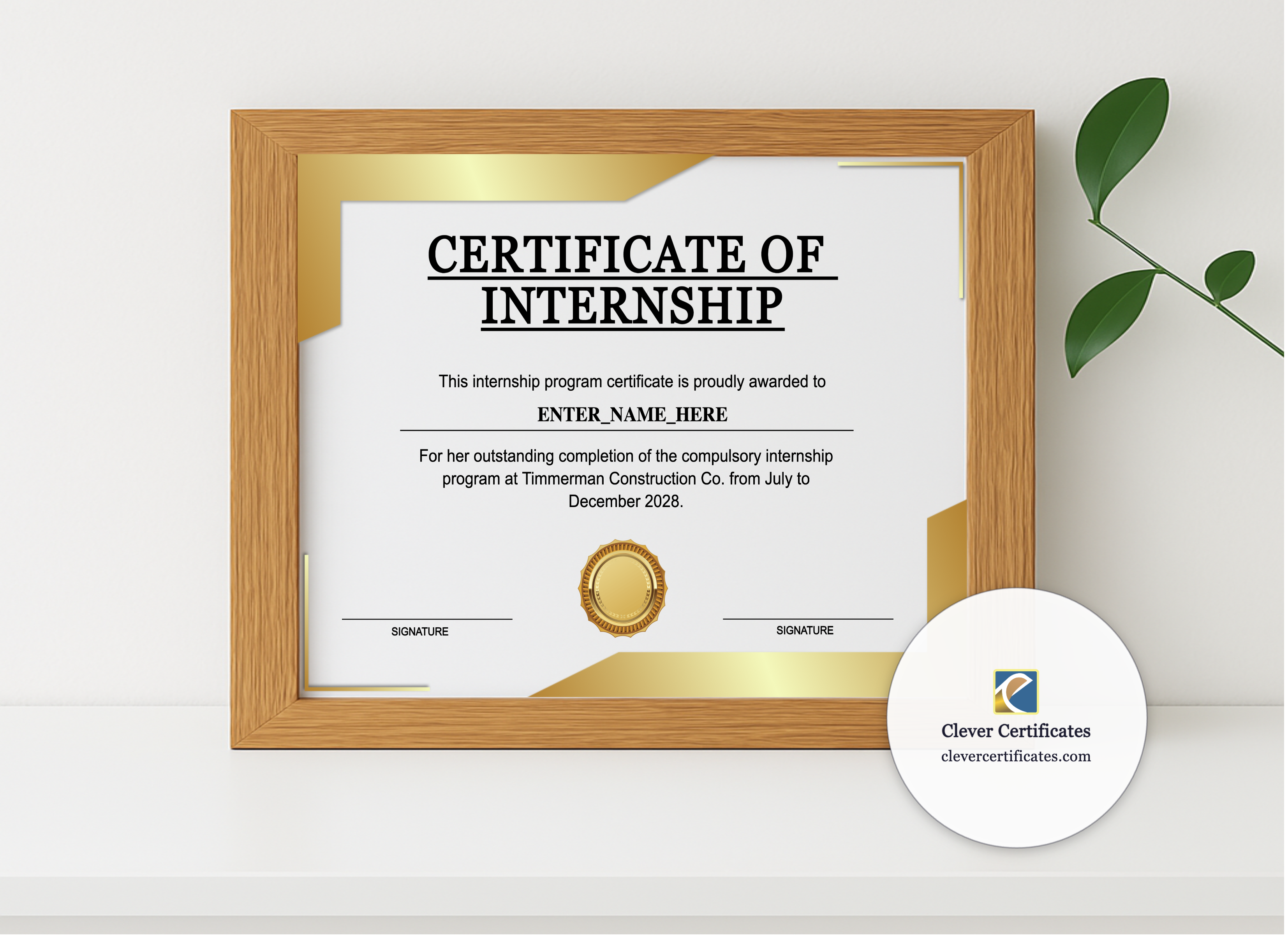 Realistic mockup featuring Internship Certificate Of Completion displayed within a modern frame, set against a minimalistic background.