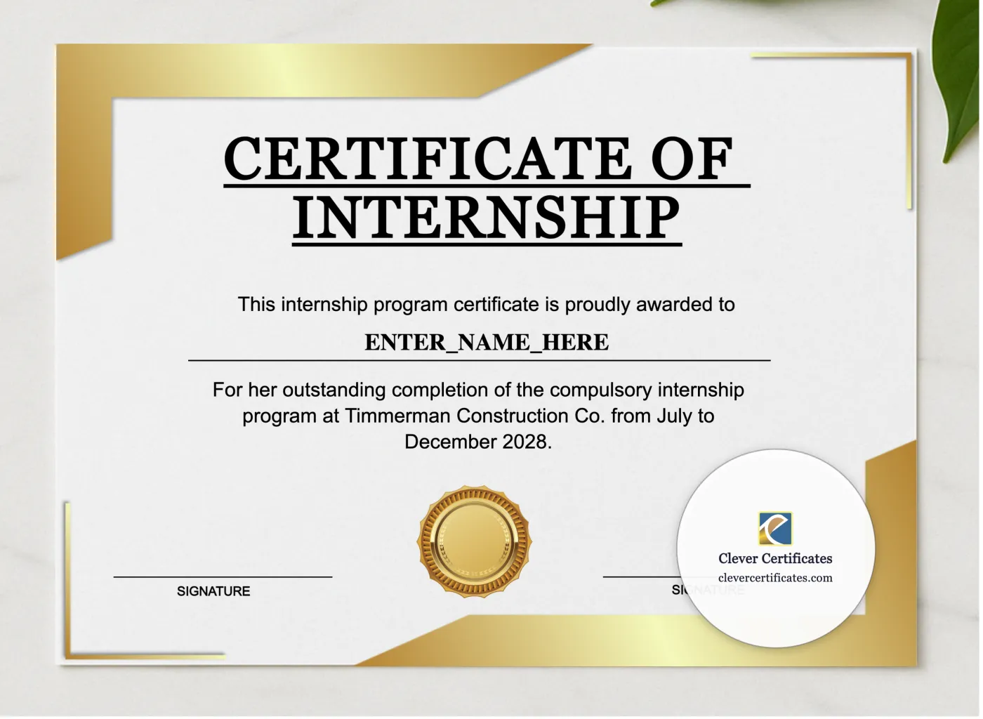 Internship Certificate Of Completion presented in a sleek wooden frame, elegantly arranged on a stylish table.