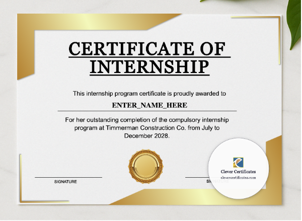 Internship Certificate Of Completion presented in a sleek wooden frame, elegantly arranged on a stylish table.
