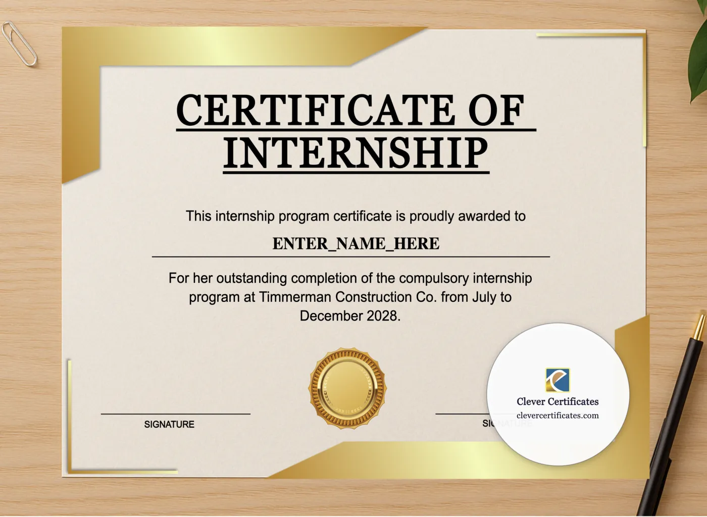 Professional preview of Internship Certificate Of Completion certificate on high-quality stationery paper, ideal for showcasing the final look.