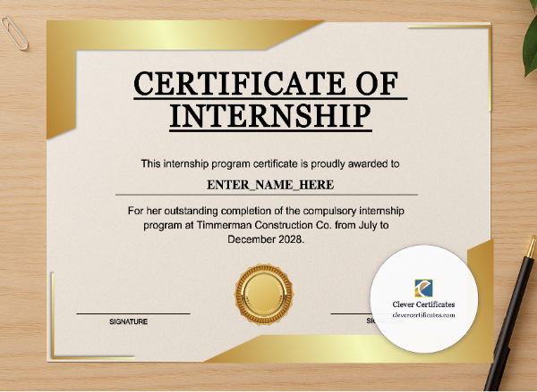 Professional preview of Internship Certificate Of Completion certificate on high-quality stationery paper, ideal for showcasing the final look.