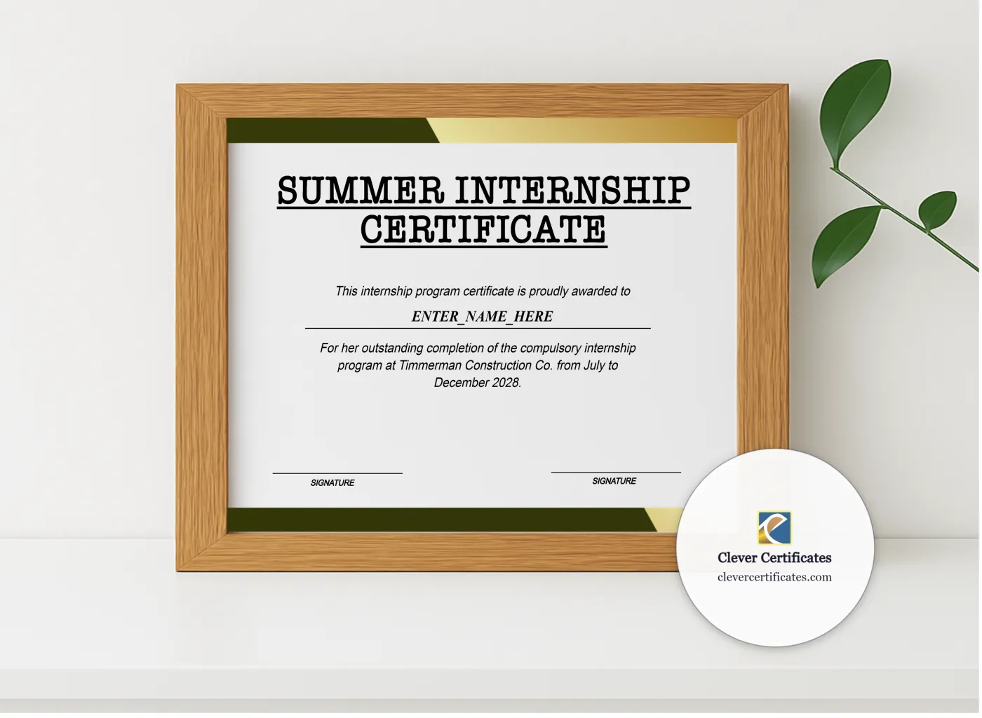 Realistic mockup featuring Summer Internship Certificate displayed within a modern frame, set against a minimalistic background.
