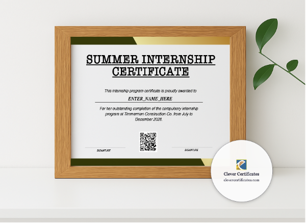 Realistic mockup featuring Summer Internship Certificate displayed within a modern frame, set against a minimalistic background.