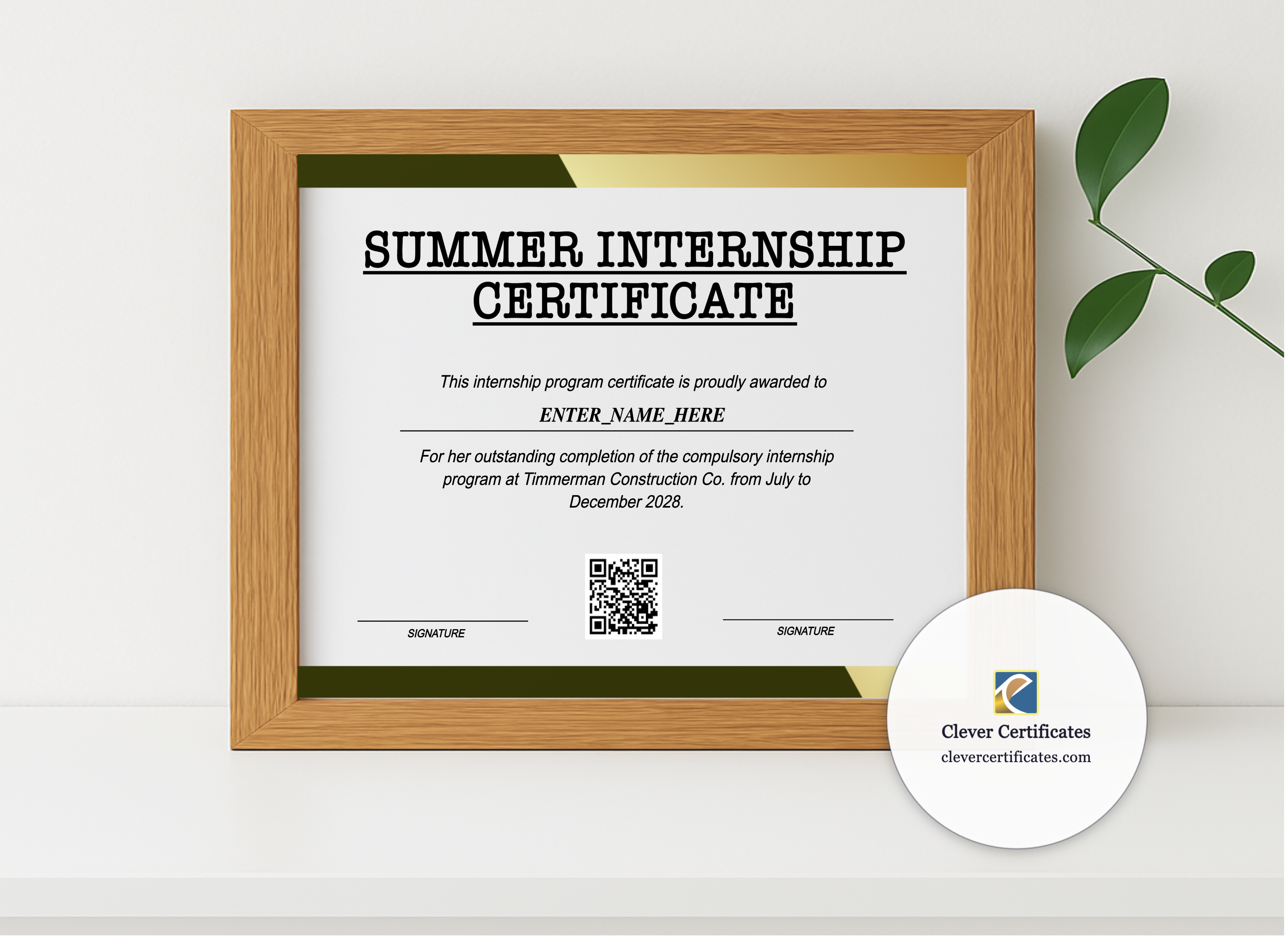 Realistic mockup featuring Summer Internship Certificate displayed within a modern frame, set against a minimalistic background.