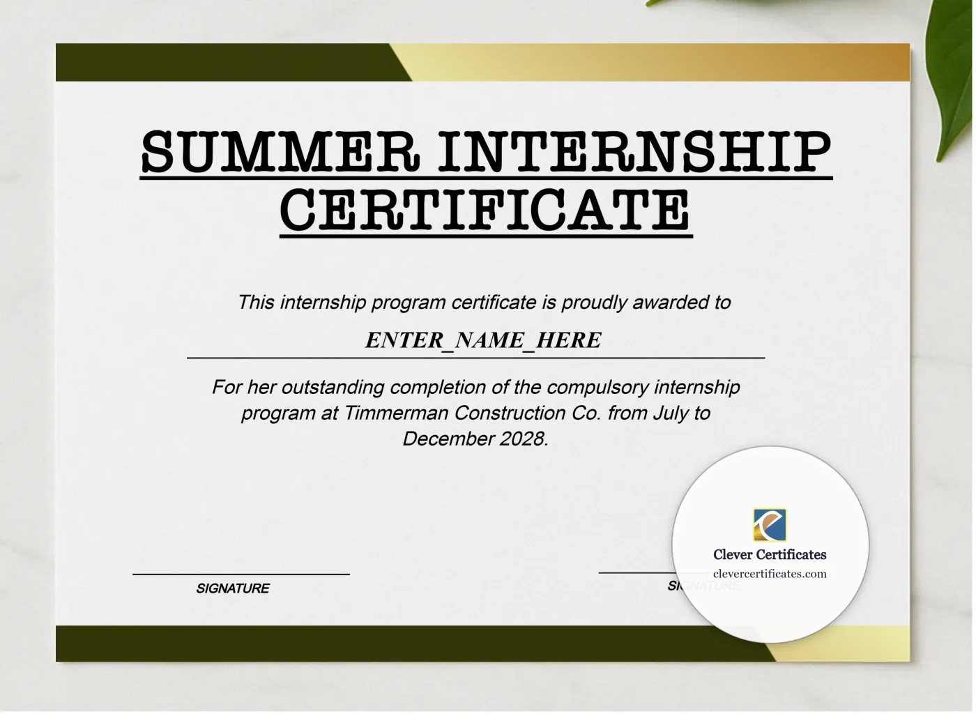 Summer Internship Certificate presented in a sleek wooden frame, elegantly arranged on a stylish table.