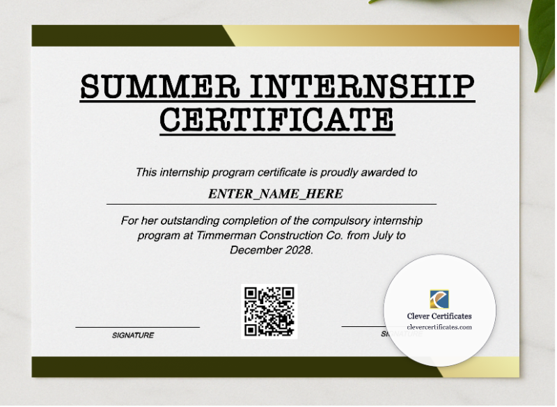 Summer Internship Certificate presented in a sleek wooden frame, elegantly arranged on a stylish table.
