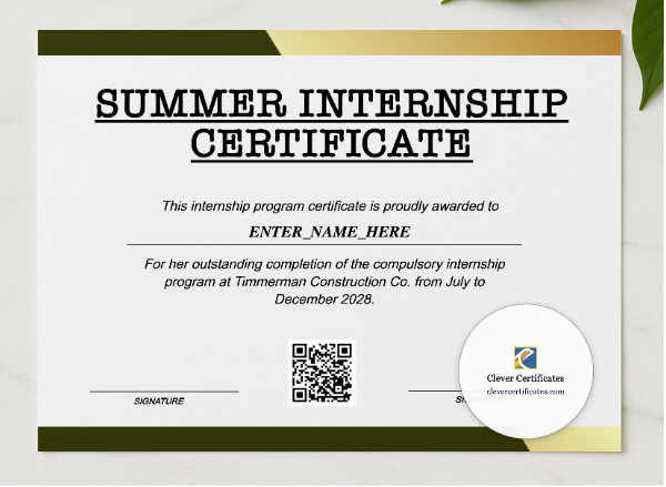 Summer Internship Certificate presented in a sleek wooden frame, elegantly arranged on a stylish table.