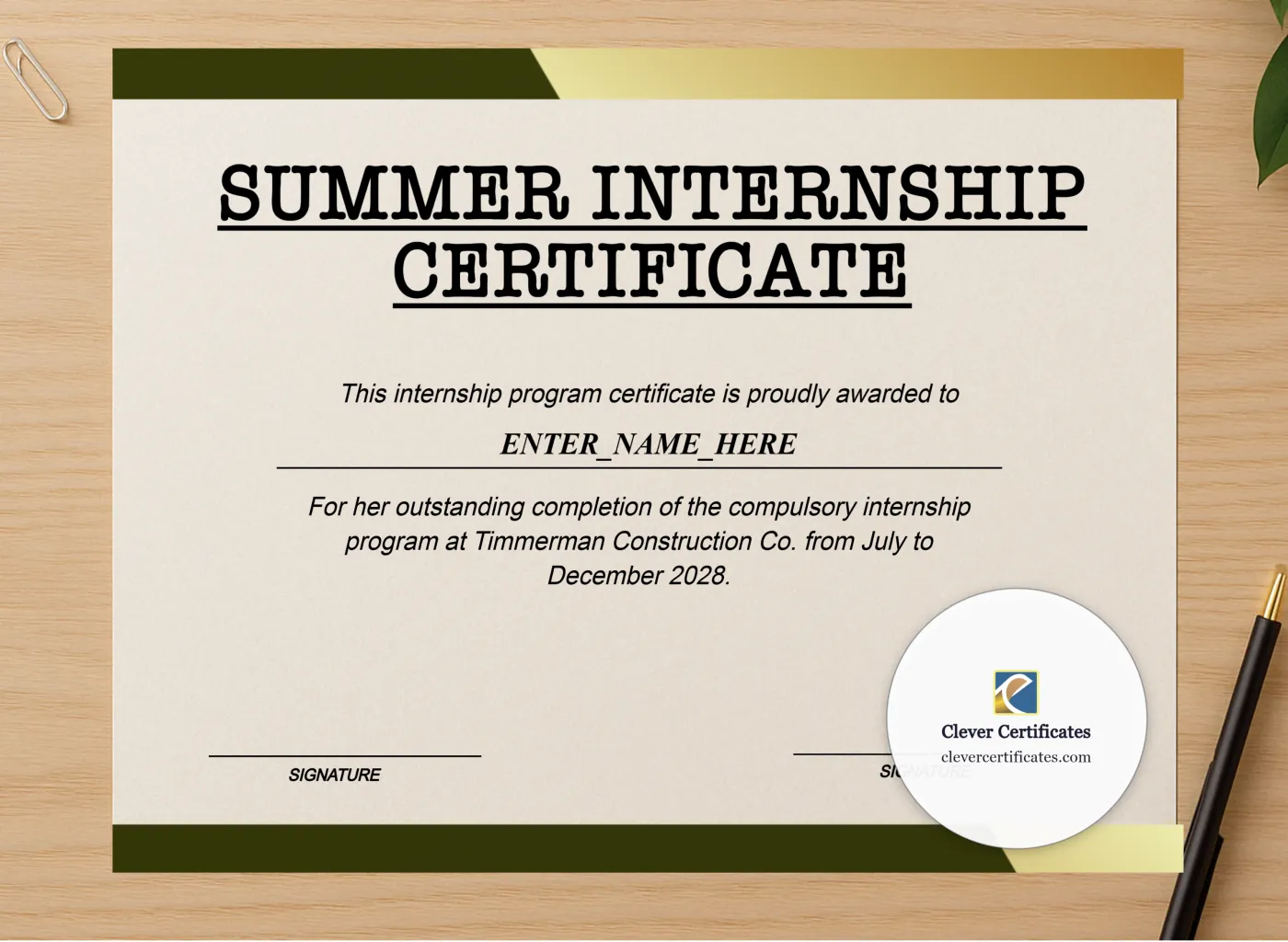 Professional preview of Summer Internship Certificate certificate on high-quality stationery paper, ideal for showcasing the final look.