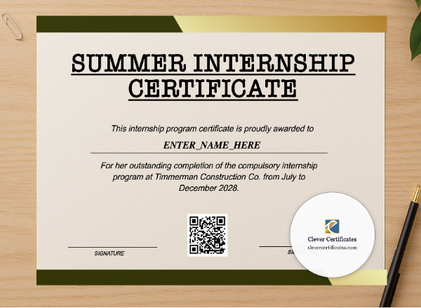 Professional preview of Summer Internship Certificate certificate on high-quality stationery paper, ideal for showcasing the final look.